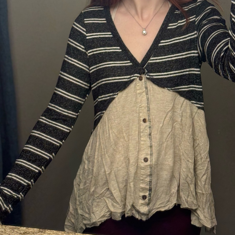 Striped V-Neck Henley Long Sleeve